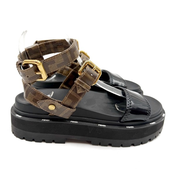Fendi Shoes - Fendi Zucca FF Platform Sandals Monogram Logo Brown Black Gladiator Sz 38 / 8